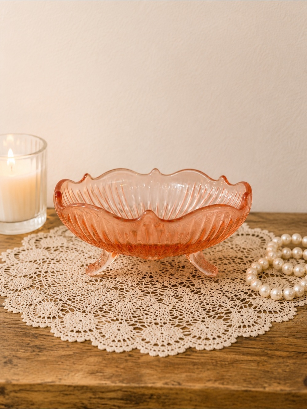 Pink Depression Glass Footed Bowl | Scalloped Candy Dish